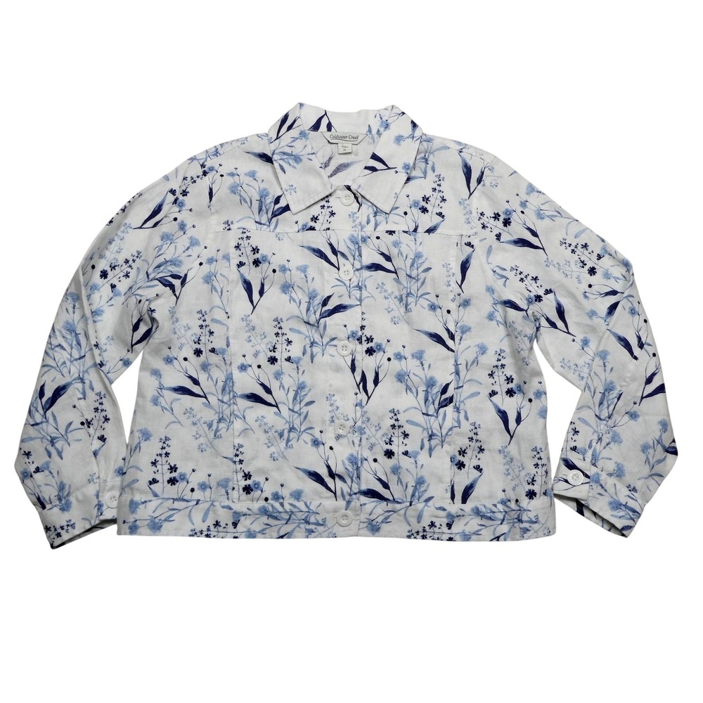 Coldwater Creek Button Up‎ Shirt Womens PL Petite White Linen Floral Long Sleeve
